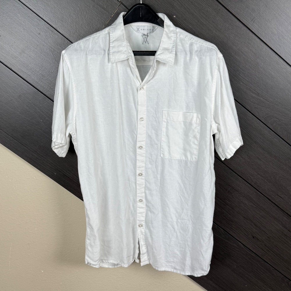 Amiani Men's Large White Linen Modal Short Sleeve Button Up Shirt Coastal